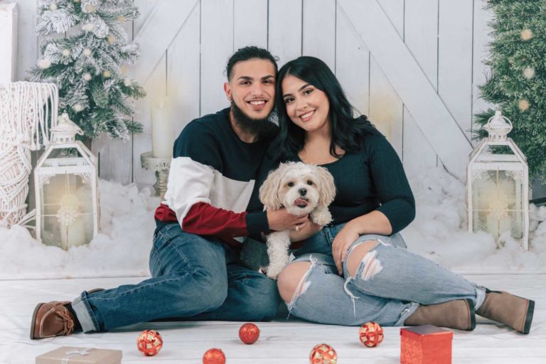 Christmas 2021 Mini Session Smiling Couple with Dog