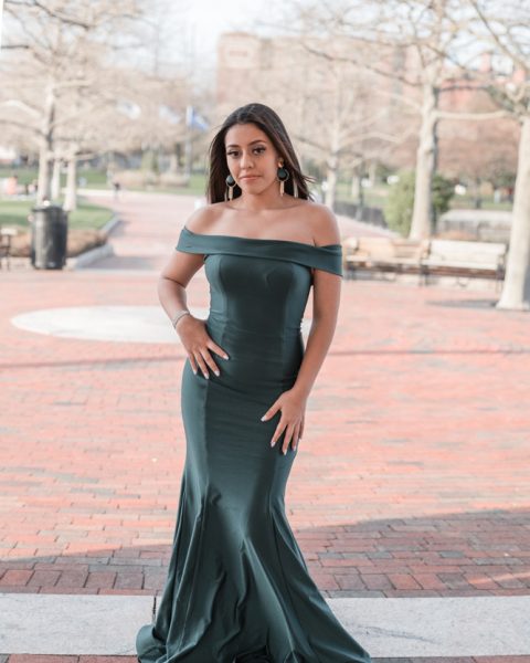 Portrait of a young lady in a long green dress posing for the camera